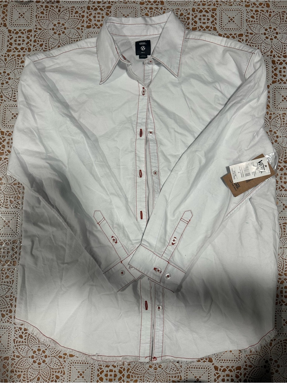 NWT Vans Tempt Me With A Good Time Button Up Shirt Small White Red Stitch